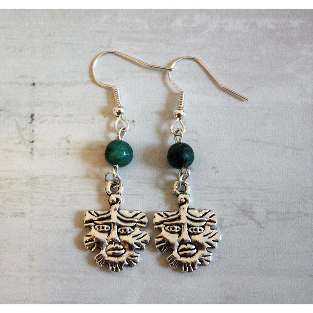 Green Man Earrings, Beaded Leaf Face Dangle Earrings, Silver and Green Drop Earr